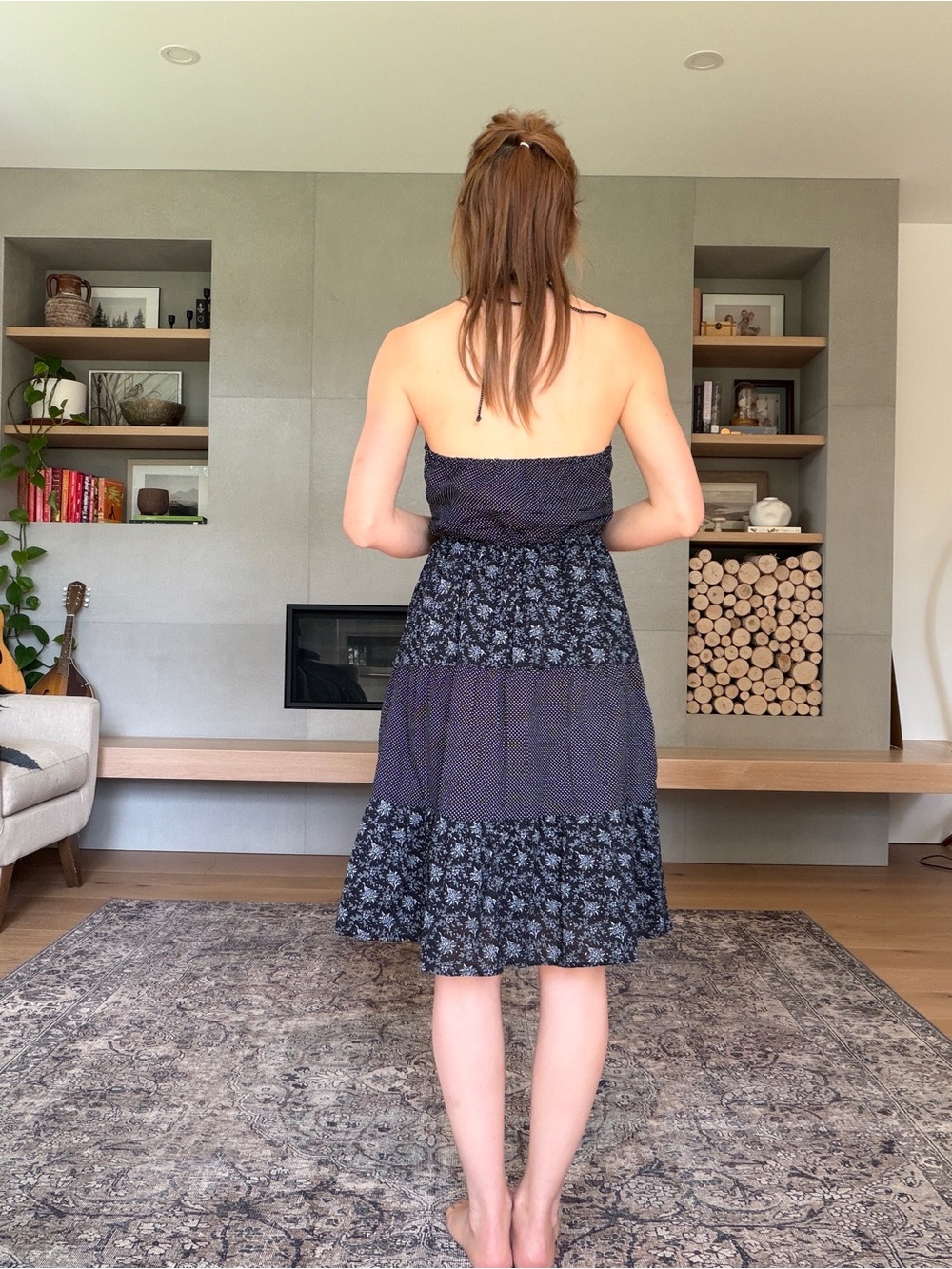 Vintage cotton Black Polka Dot and floral Halter dress medium - Picture 5 of 14